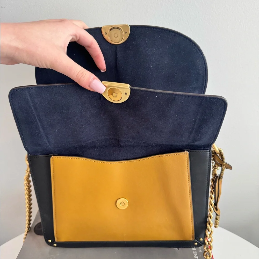 Coach Leather Charm Dreamer Flap Messenger Bag Navy Tan Beige Gold - Picture 8 of 13